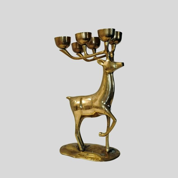 Vintage Other - Vintage Brass Deer Candleholder, Reindeer Candelabra, 14" Mantel Stag Figurine